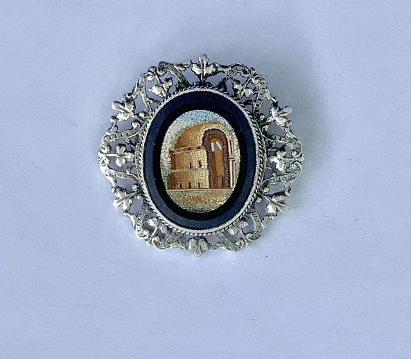 vintage mid 20th Century English made .925 sterling silver brooch with mid 19th Century onyx micro mosaic panel